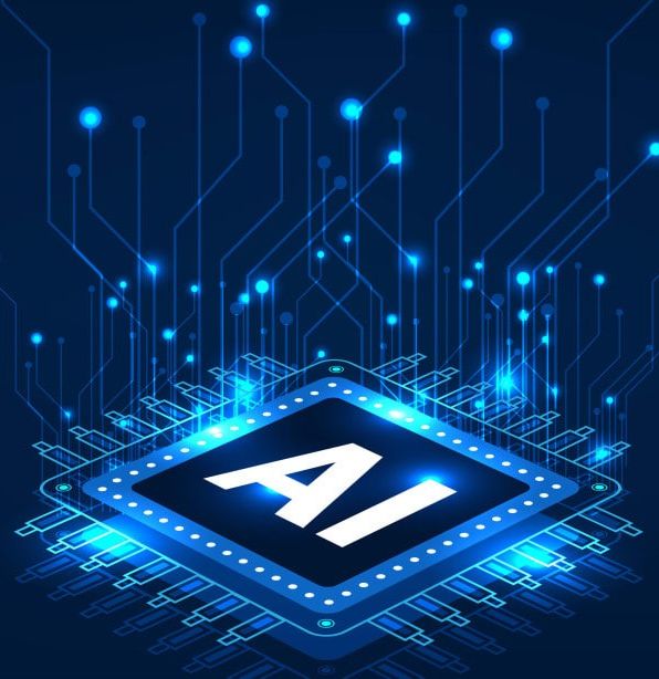AI microchip with glowing circuit lines on a dark blue background