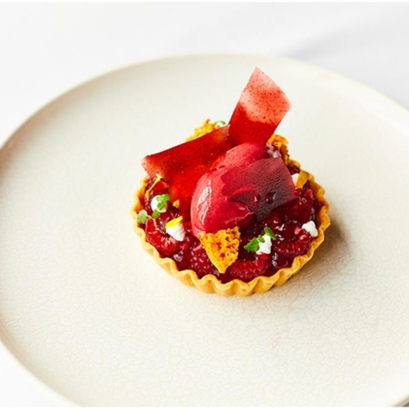 Gourmet berry tart topped with sorbet and edible garnishes on a white plate