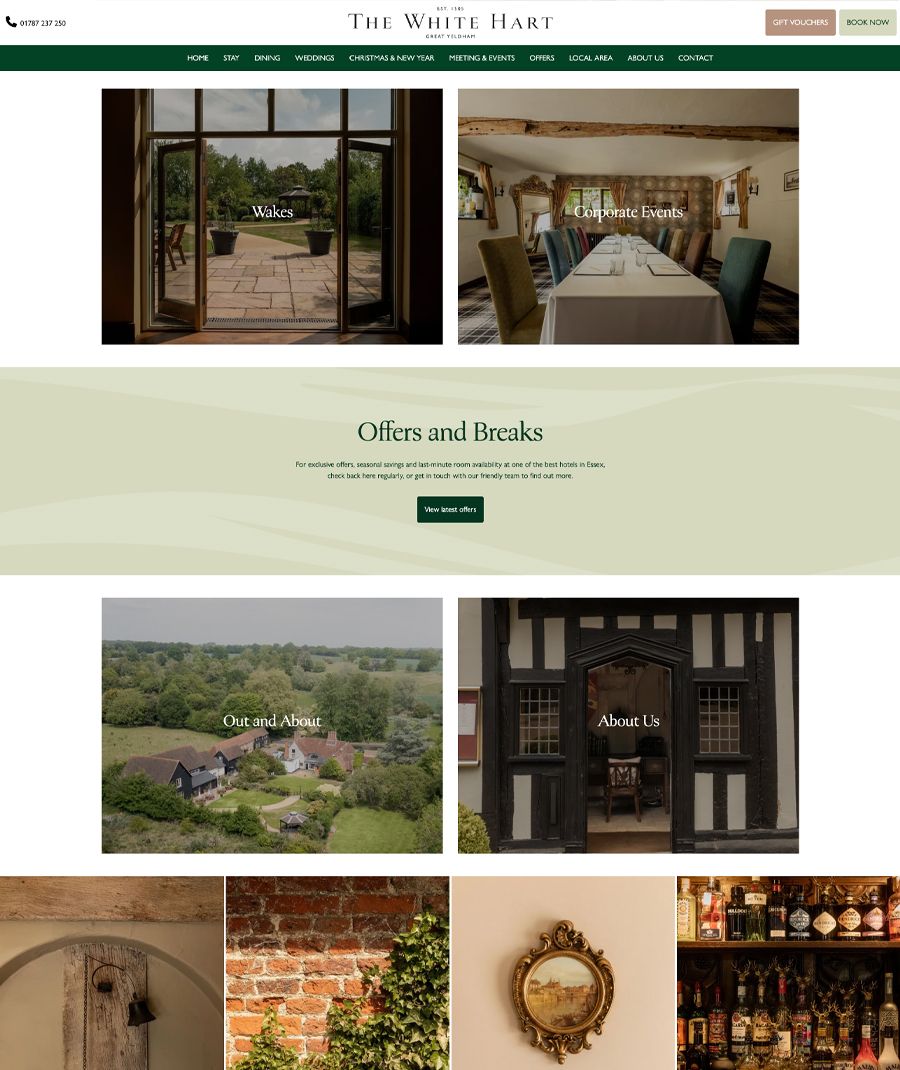 The White Hart Essex website homepage with images of the hotel, dining areas, events rooms, and scenic surroundings.
