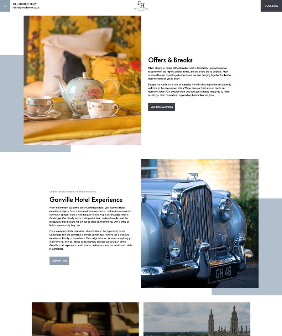 Gonville Hotel website featuring a tea set, classic car, and Cambridge scenes