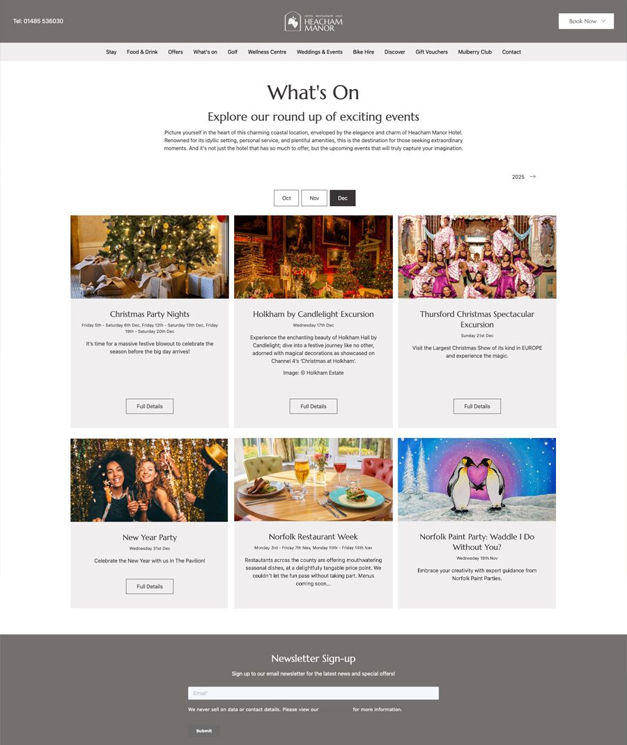 A webpage showing a list of upcoming events at Heacham Manor Hotel, including festive parties, excursions, restaurant weeks, and creative paint parties.