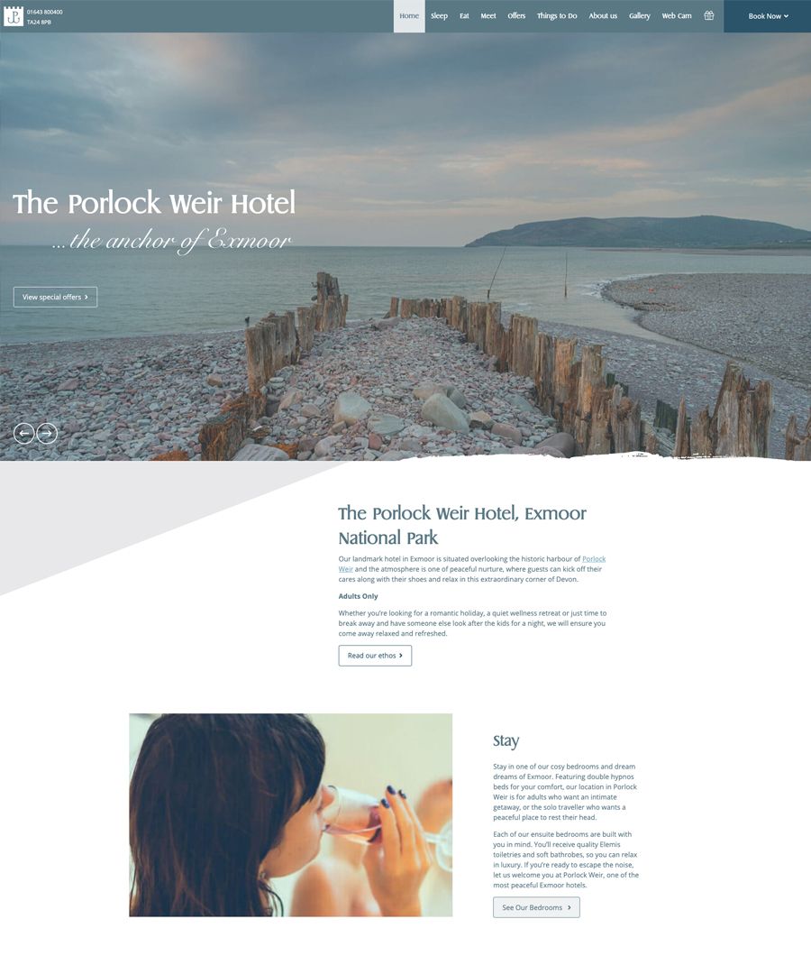 Porlock Weir Hotel website homepage featuring a coastal view with wooden groynes and pebble beach.