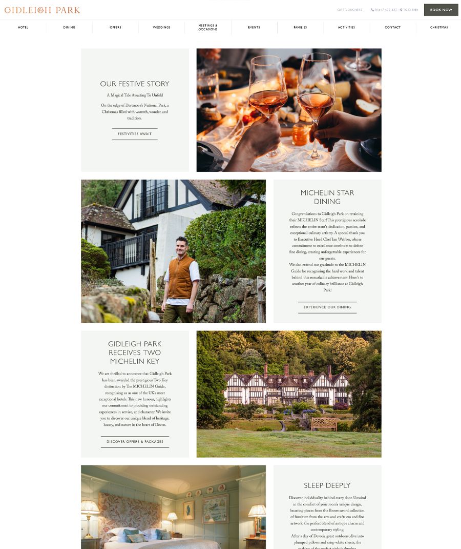 Gidleigh Park luxury hotel and dining experience, featuring picturesque architecture, gourmet food, and elegant interiors.