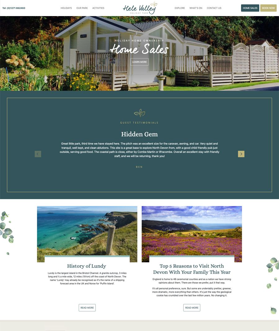 Hele Valley Holiday Park homepage featuring a modern holiday home, guest testimonial, and North Devon scenic images