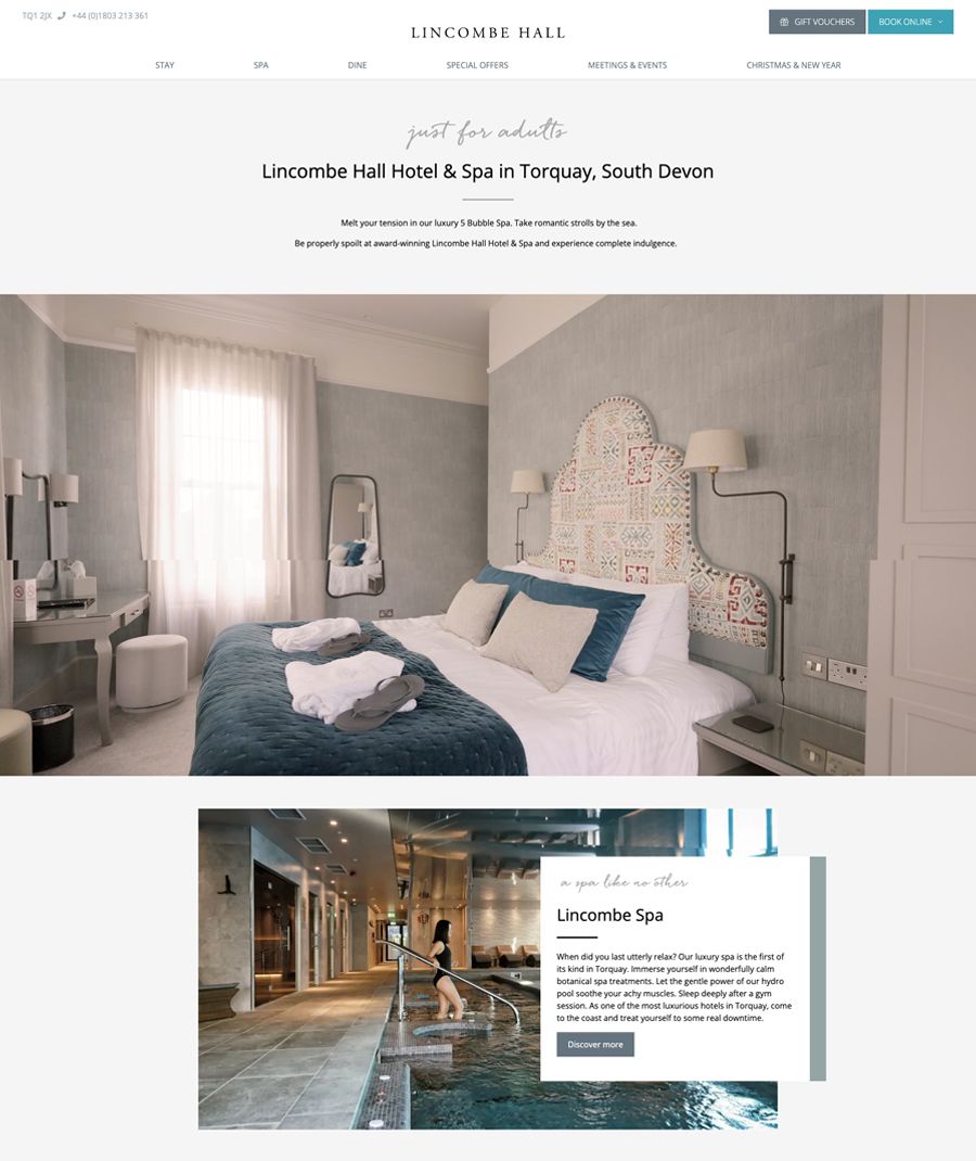 Lincombe Hall Hotel & Spa website showing a luxurious hotel room and a spa pool area.