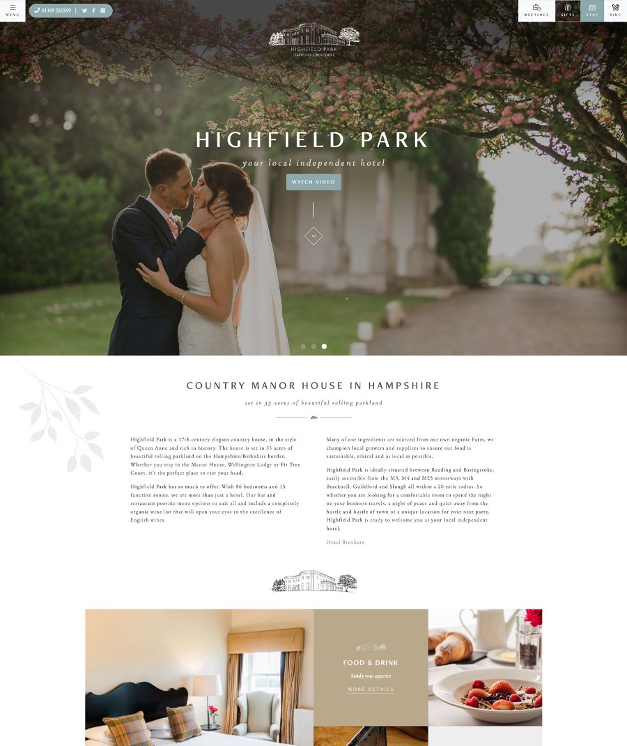 Bride and groom embracing under tree at Highfield Park hotel.