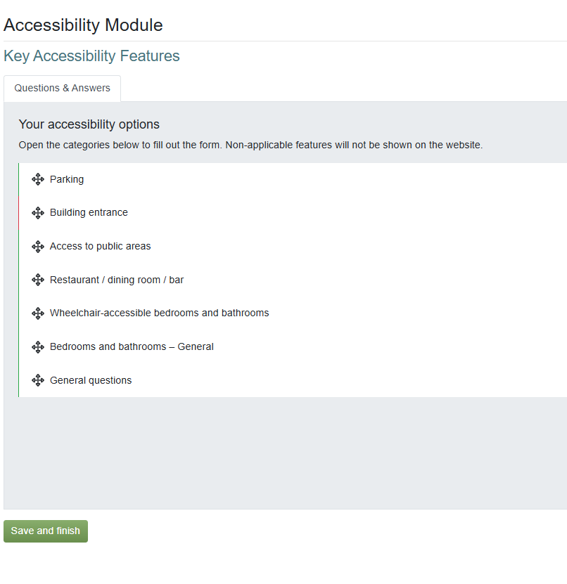 Accessibility Module form displaying key accessibility features options and tips for completing the questionnaire.