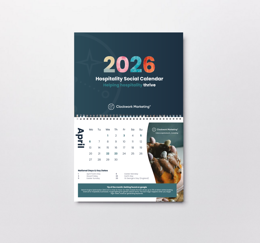 2026 Hospitality Social Calendar mockup displaying the month of April with holidays and a dessert image.