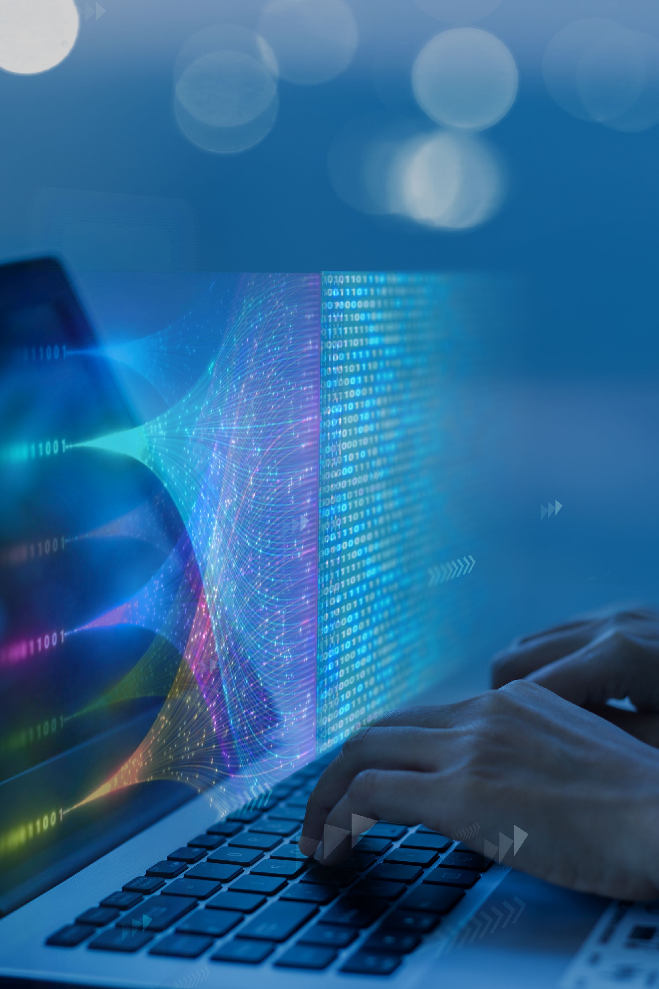 Hands typing on a laptop keyboard with digital binary code and abstract data streams overlay.