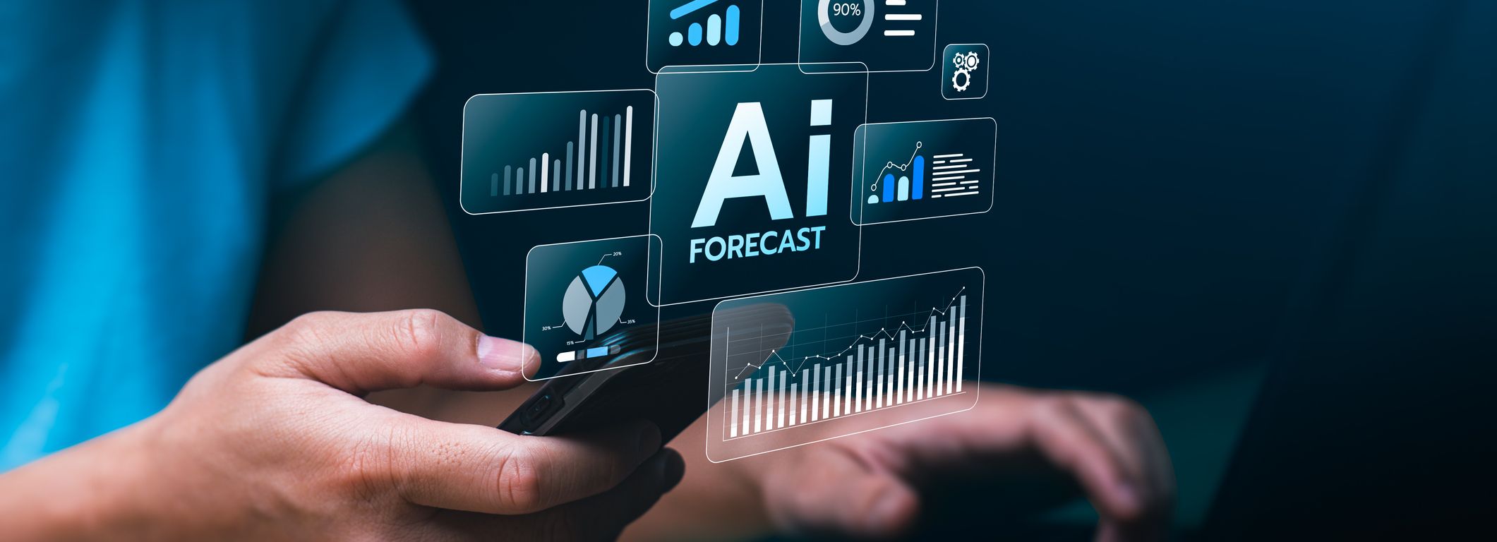 Person using a smartphone with virtual AI forecast graphics and analytics charts displayed.