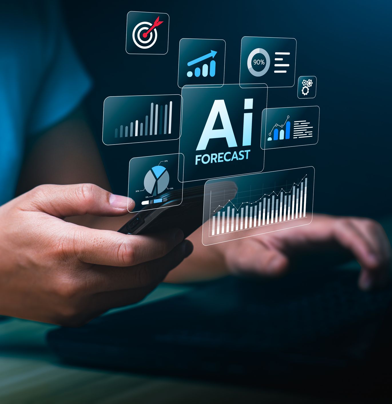 Person using a smartphone with virtual AI forecast graphics and analytics charts displayed.