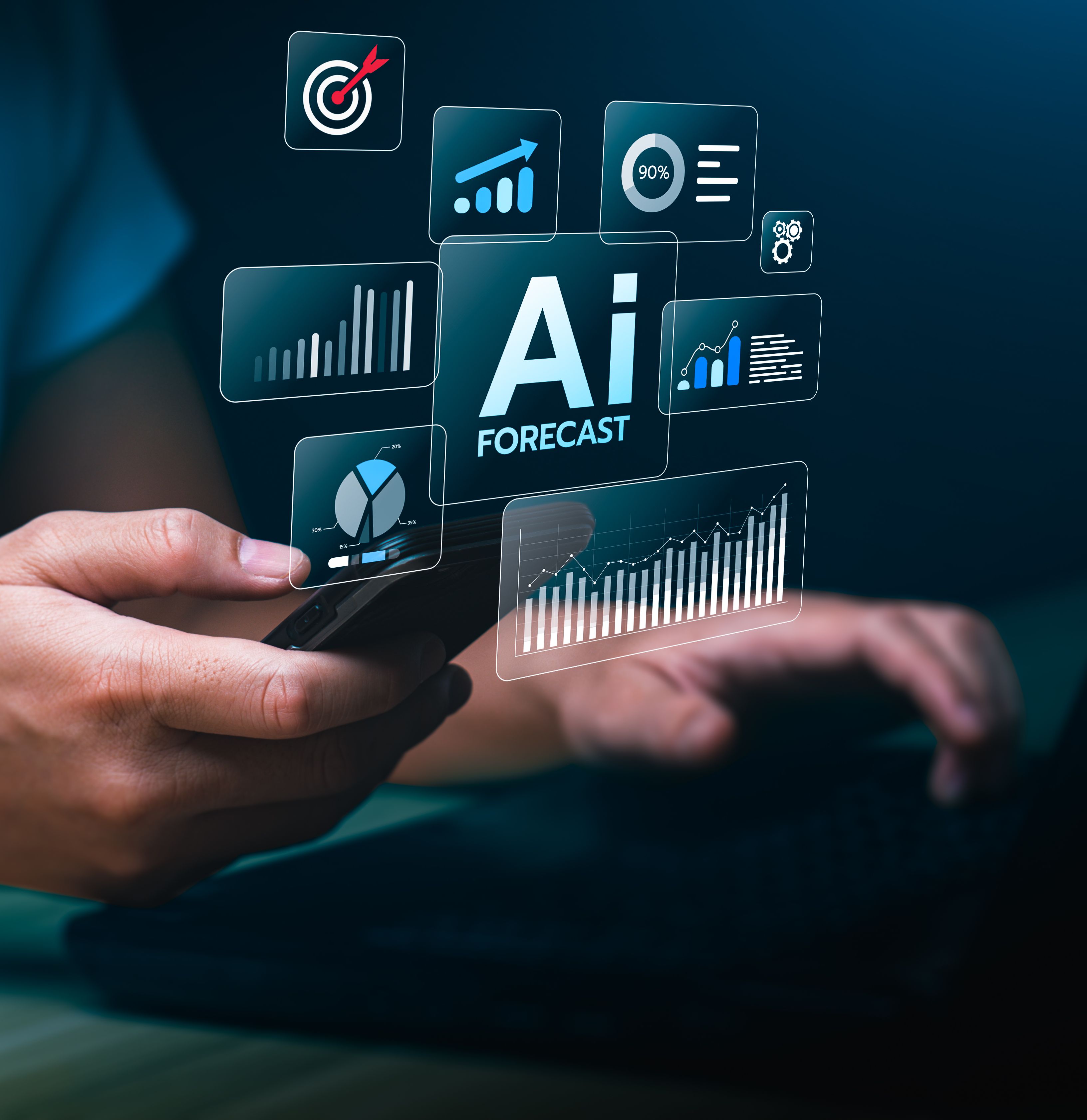 Person using technology with AI forecast and data analytics graphics