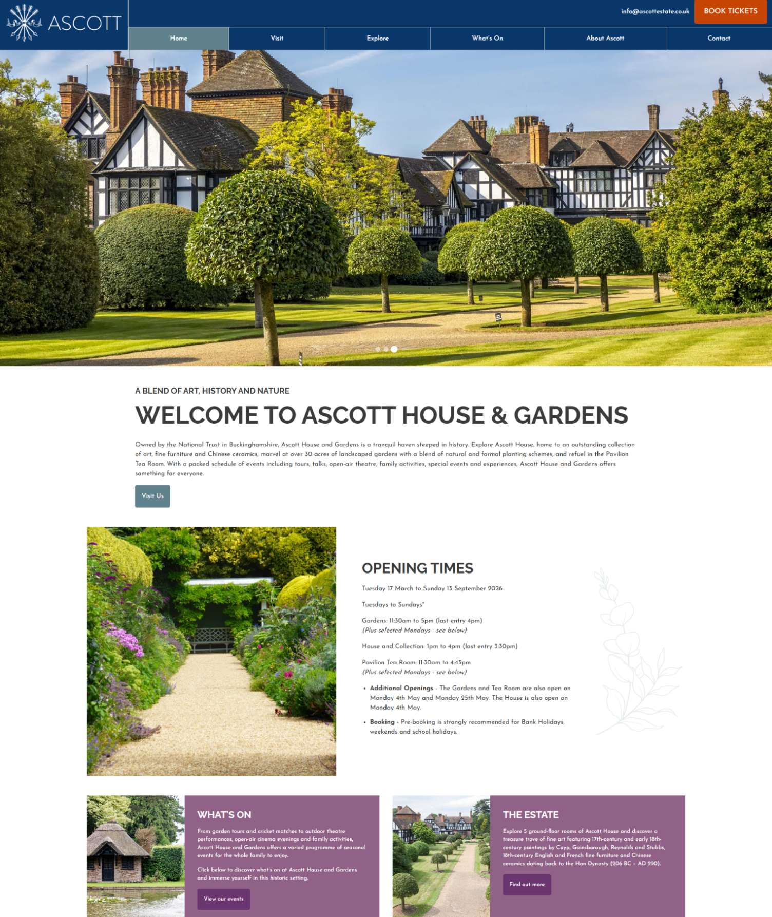 Ascott House and Gardens with manicured trees and historic Tudor-style architecture.
