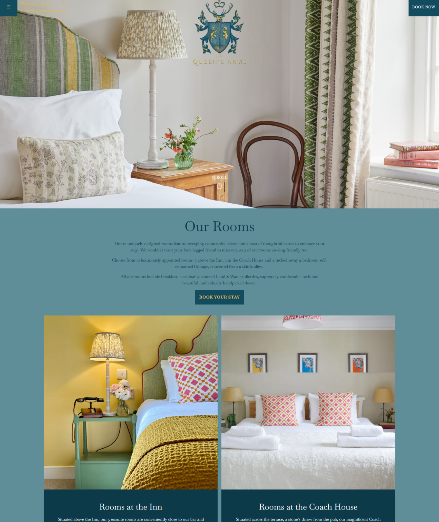 Hotel room interior with stylish decor, patterned pillows, and a cozy bed at Queen's Arms.
