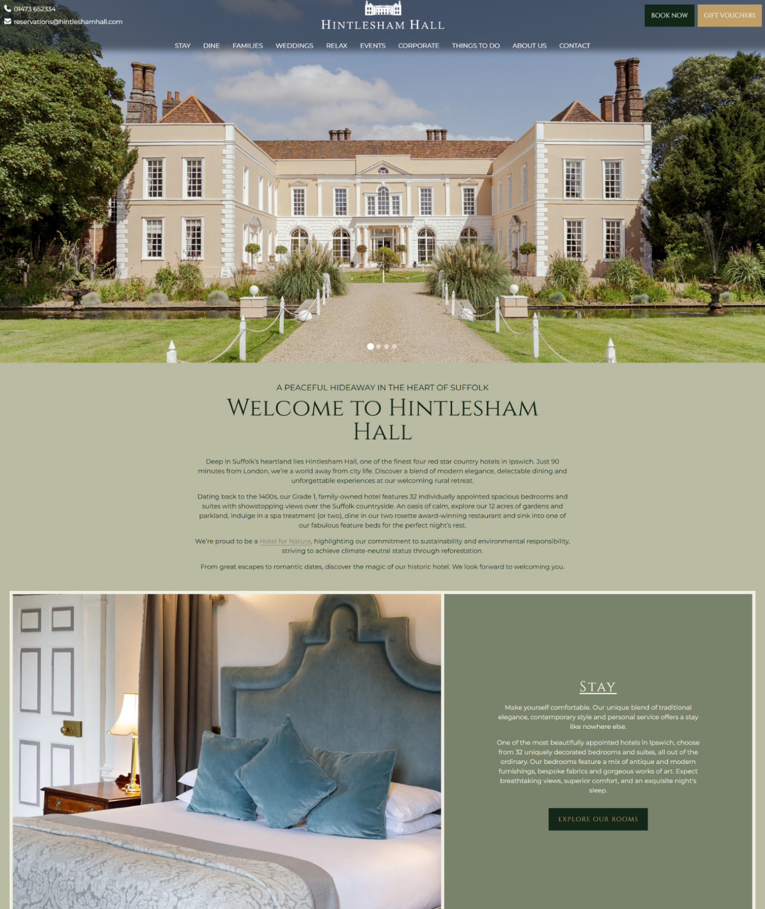 Hintlesham Hall website homepage featuring a grand country house hotel with gardens and a luxurious bedroom.