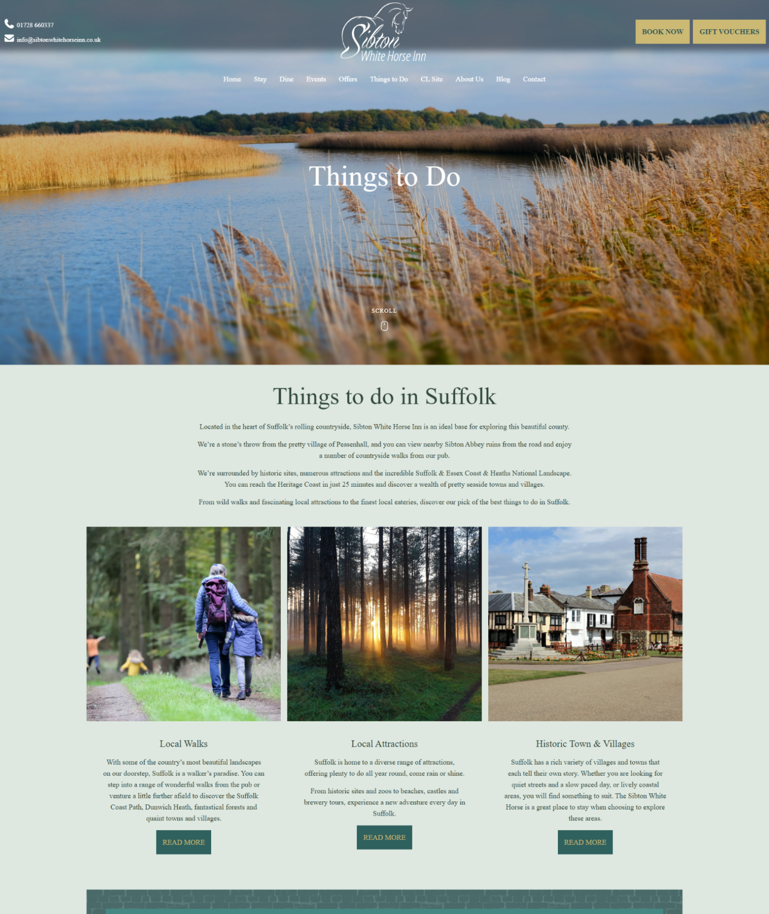 Web page showcasing things to do in Suffolk with images of nature, local walks, attractions, and historic villages.