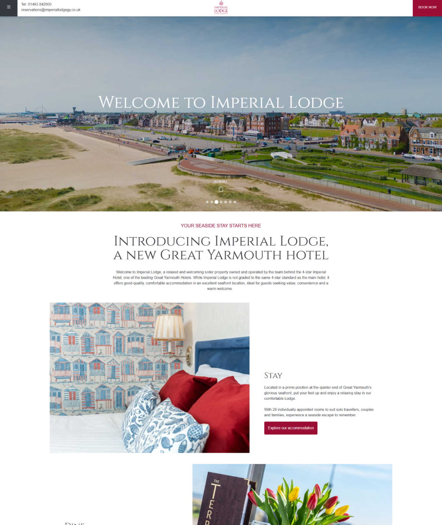 Imperial Lodge hotel website showcasing a beachfront view of Great Yarmouth with a welcoming message and details about the lodge.