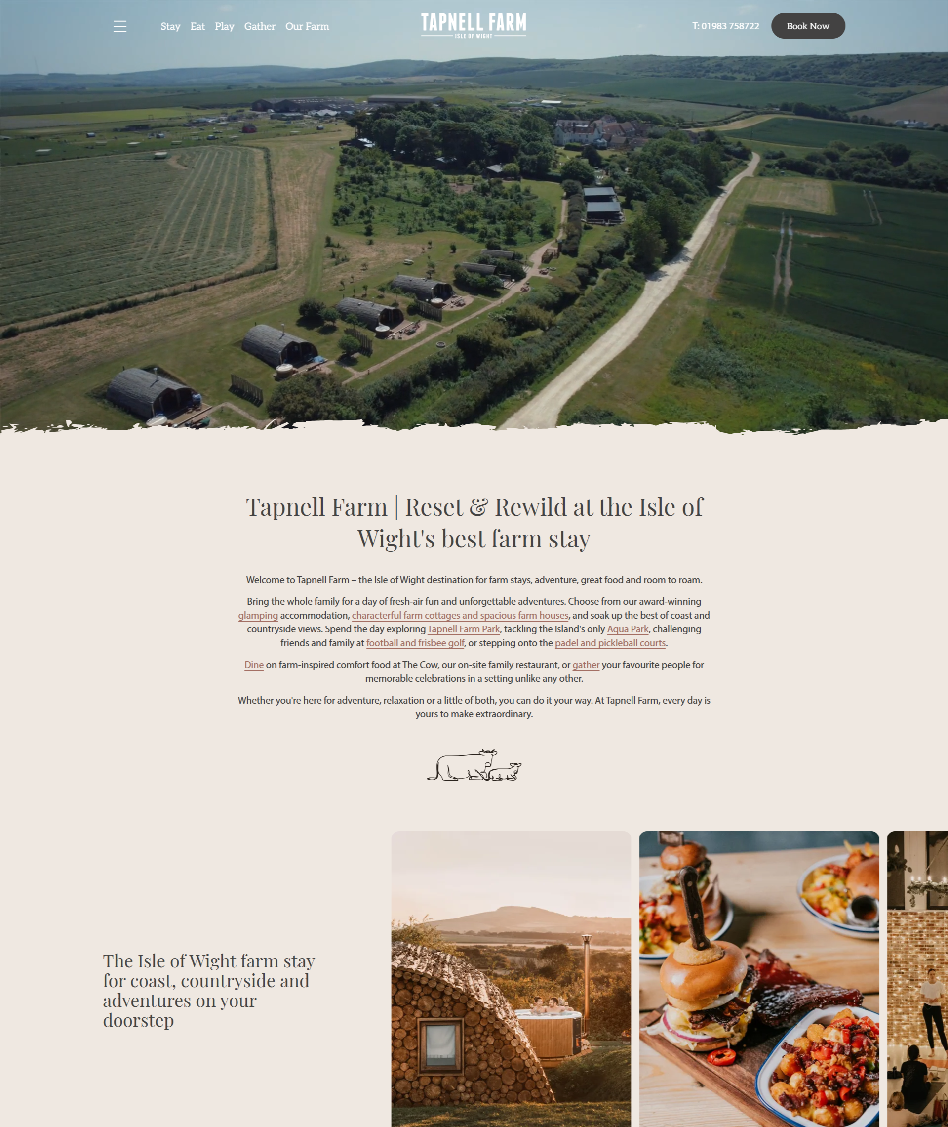 Aerial view of Tapnell Farm on the Isle of Wight surrounded by green fields with glamping pods and rural buildings visible.