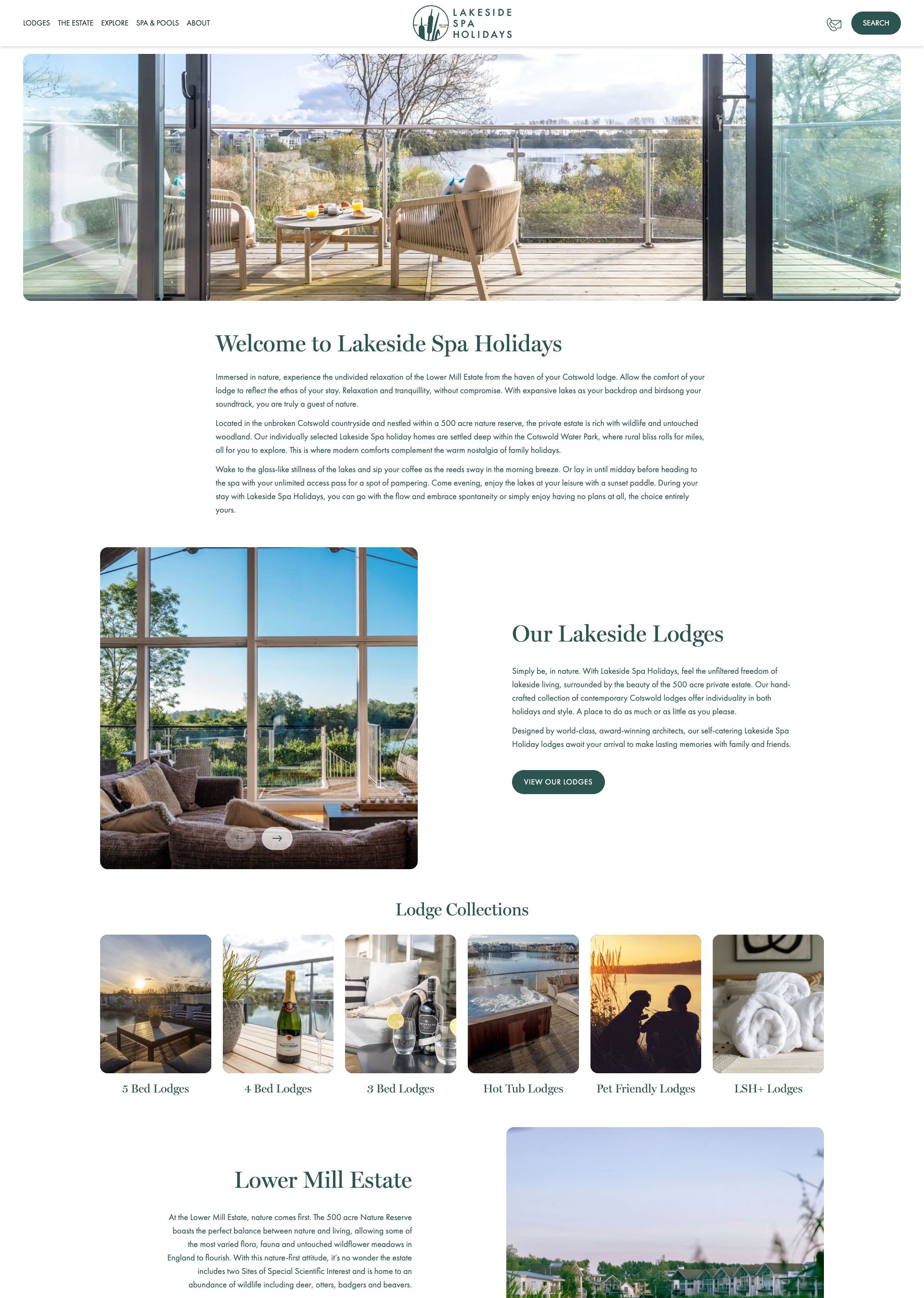 Website screenshot of Lakeside Spa Holidays showing lakeside lodges, indoor and outdoor views, and various lodge collections.
