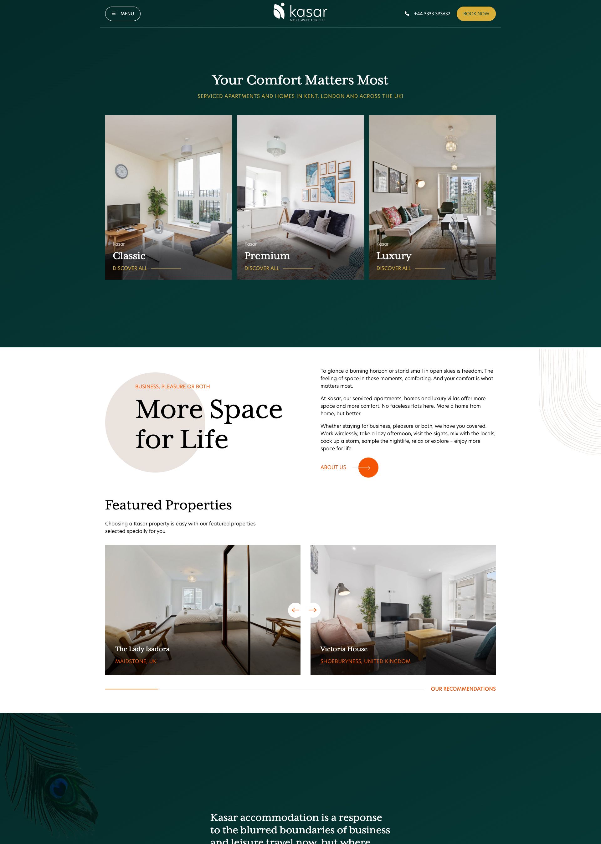 Screenshot of Kasar website showcasing serviced apartments and homes with images of classic, premium, and luxury living spaces.