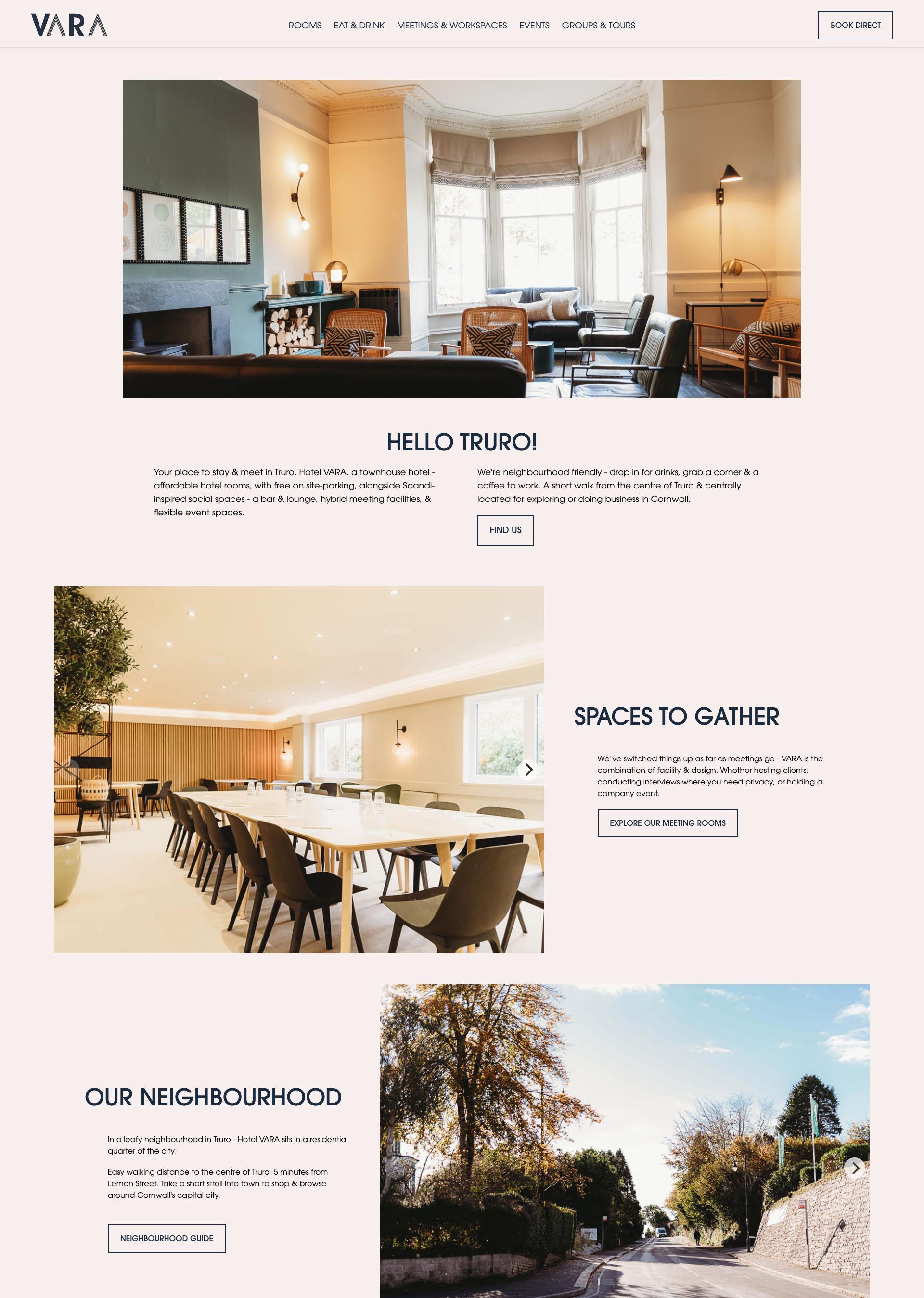 Hotel VARA website showing interior lounge, modern meeting room, and a sunny Truro street scene.