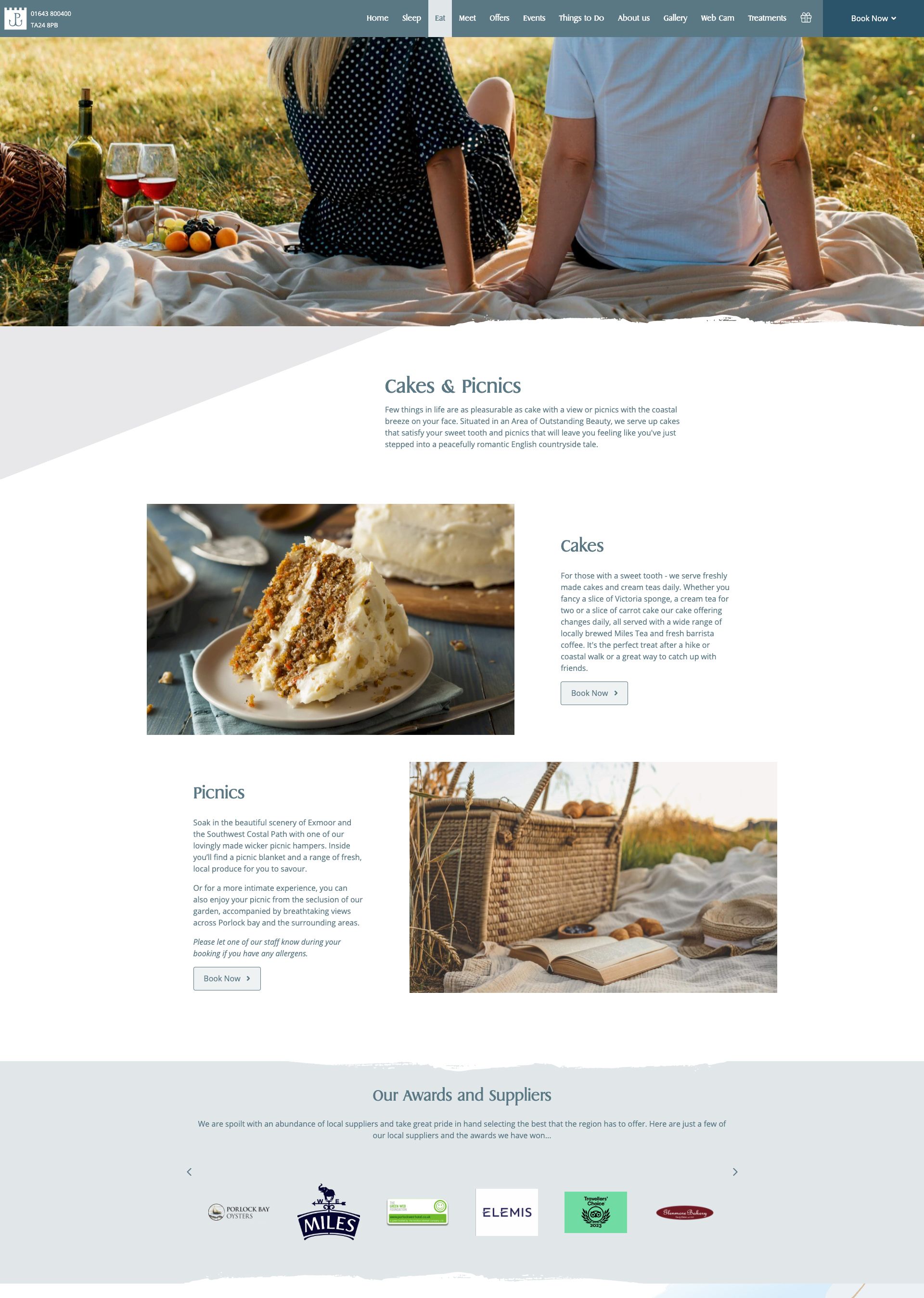 People enjoying a picnic with wine, fruit, and cake on a blanket outdoors, plus close-up images of cake and a picnic basket.