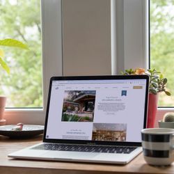 Laptop on a wooden desk with a website open, surrounded by potted plants, ceramic figures, and a striped mug near a window.
