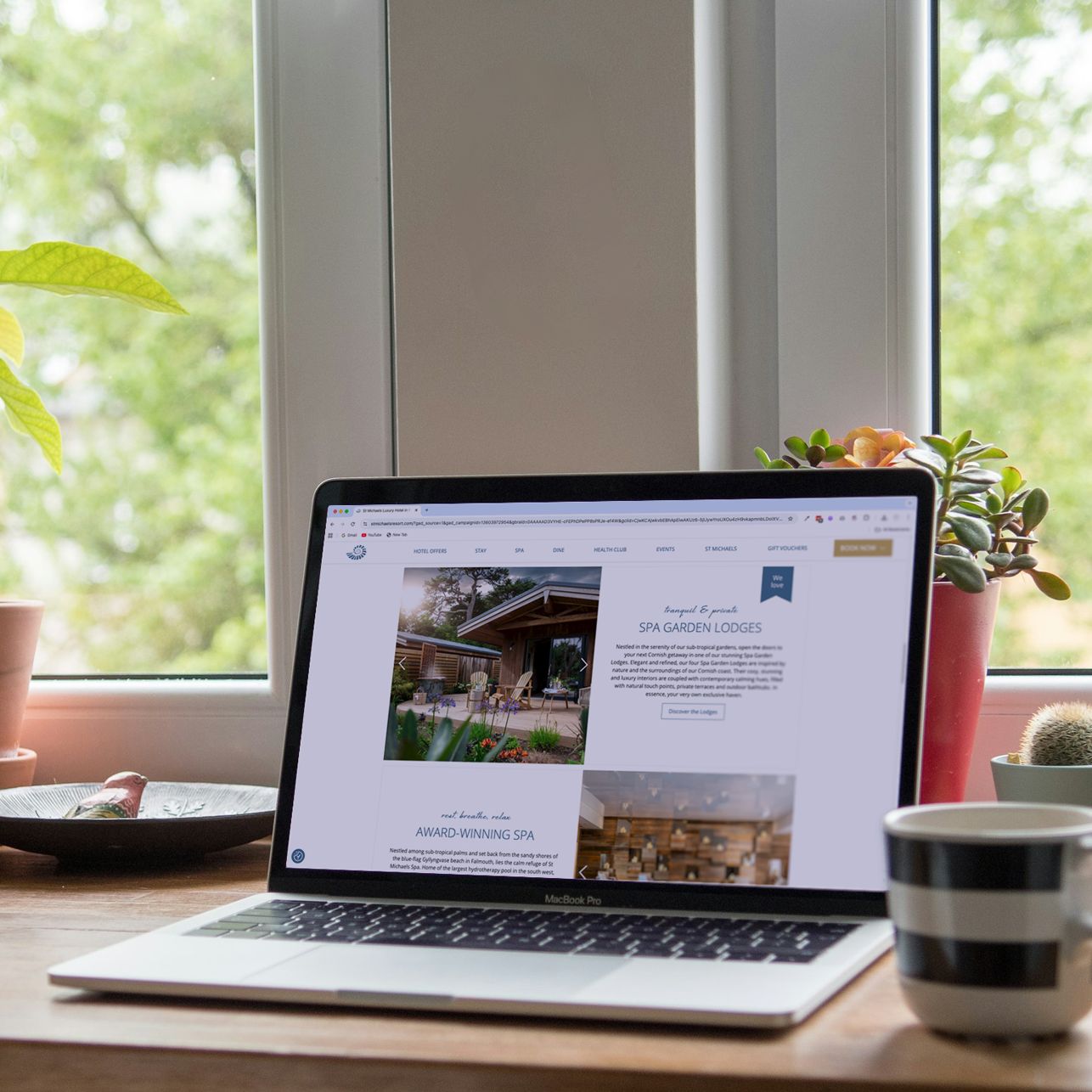 Laptop on a wooden desk with a website open, surrounded by potted plants, ceramic figures, and a striped mug near a window.