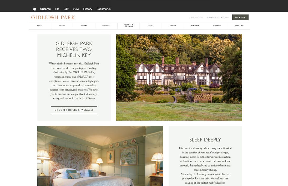 Exterior view of Gidleigh Park hotel surrounded by trees and gardens