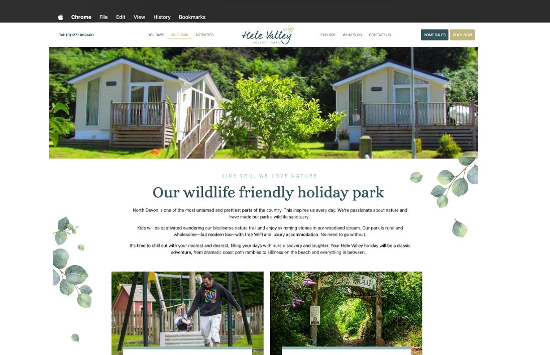 Hele Valley Holiday Park website showcasing lodges, outdoor greenery, and family activities.