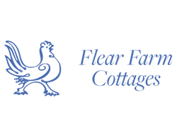 Flear Farm Cottages logo with an illustrated blue chicken next to the text