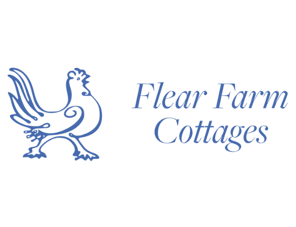 Flear Farm Cottages logo with an illustrated blue chicken next to the text