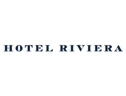 Hotel Riviera logo in blue uppercase serif letters