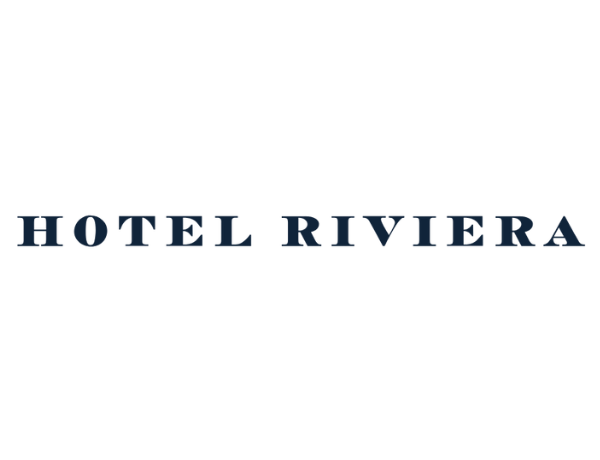 Hotel Riviera logo in blue uppercase serif letters