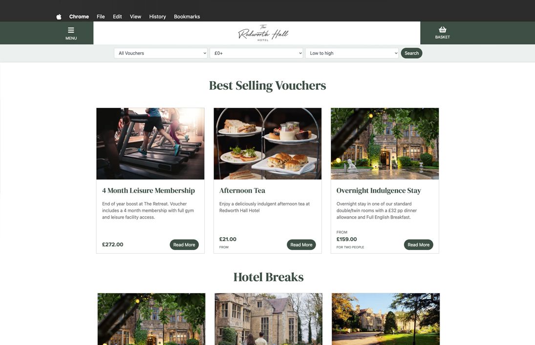 Screenshot of Redworth Hall Hotel's voucher and hotel breaks online shop page featuring best selling vouchers and offers.