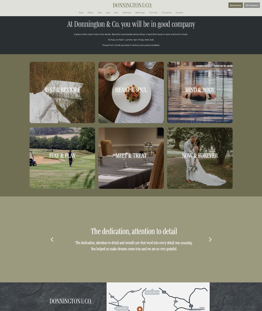 Homepage of Donnington & Co. showcasing hospitality offers including rest, dining, wellness, golf, meetings, and weddings.