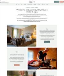 Lake Country House Hotel & Spa webpage featuring images of a cozy hotel room, a relaxing spa massage, and a fine dining experience.