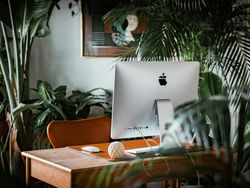 Modern home office workspace with an iMac on a wooden desk surrounded by lush green houseplants.