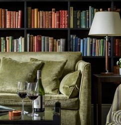 Cozy living room with olive green sofa, bookshelves, and wine glasses on a coffee table