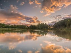 Serene lake reflecting trees and colorful clouds during sunset with houses in the background.