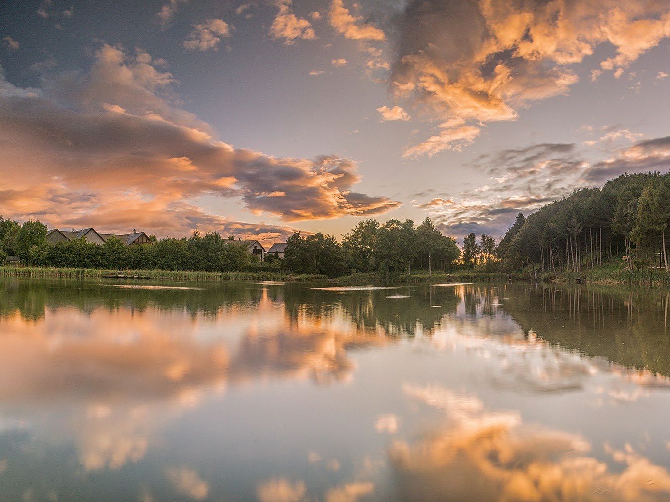 Serene lake reflecting trees and colorful clouds during sunset with houses in the background.