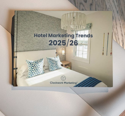 Hotel Marketing Trends 2025/26 report cover featuring stylish hotel room