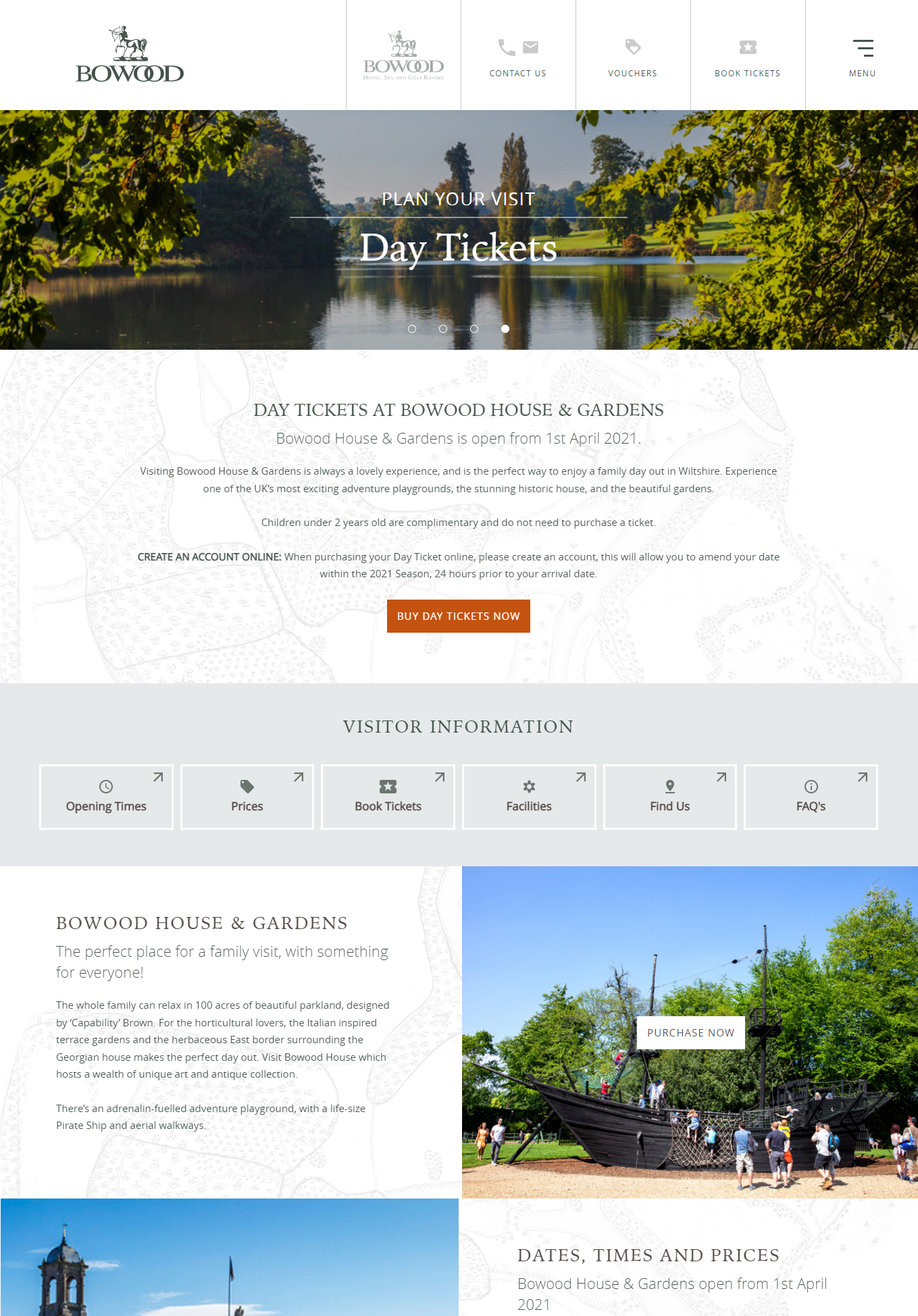 Bowood House & Gardens Day Tickets landing page showing scenic park, ticket information, and family attractions.