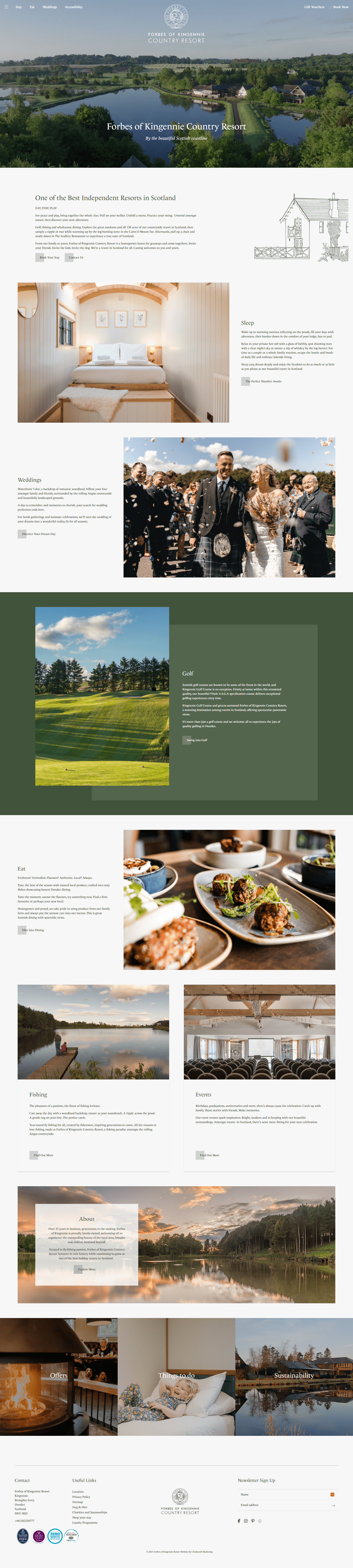 Screenshot of the Forbes of Kingennie Country Resort website homepage featuring images of the resort, accommodations, wedding celebrations, golf course, dining, fishing, and events.