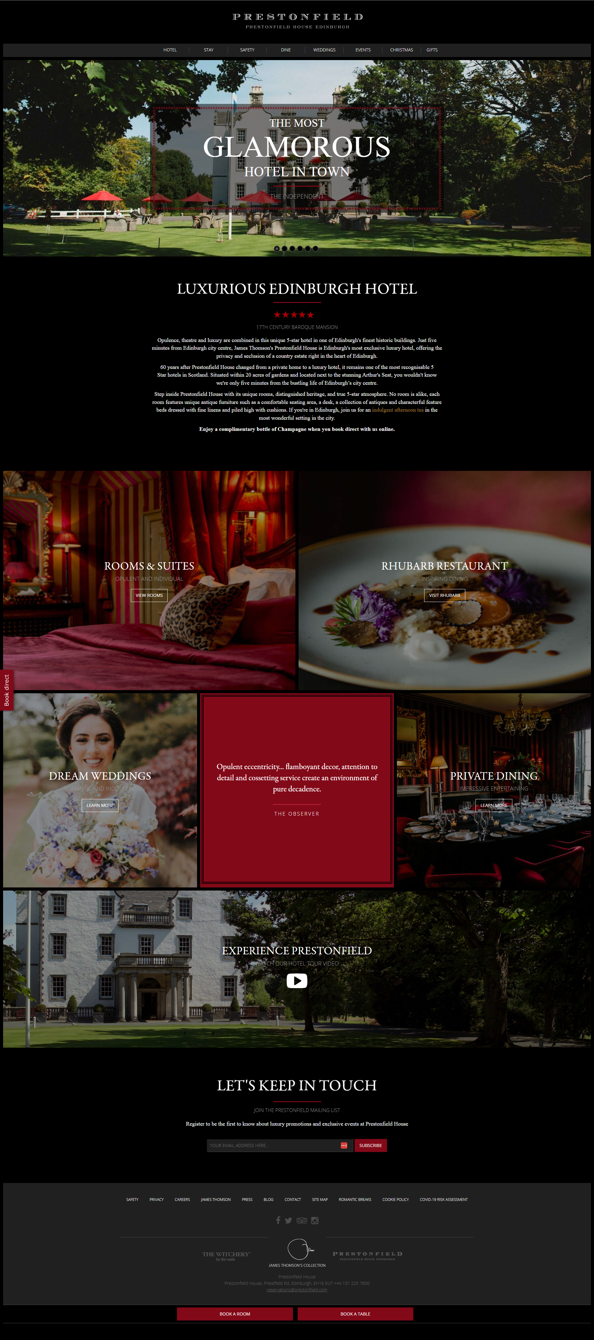 Homepage of Prestonfield House Edinburgh, showcasing a luxurious historic hotel with elegant rooms, gourmet dining, wedding services, and scenic exterior.