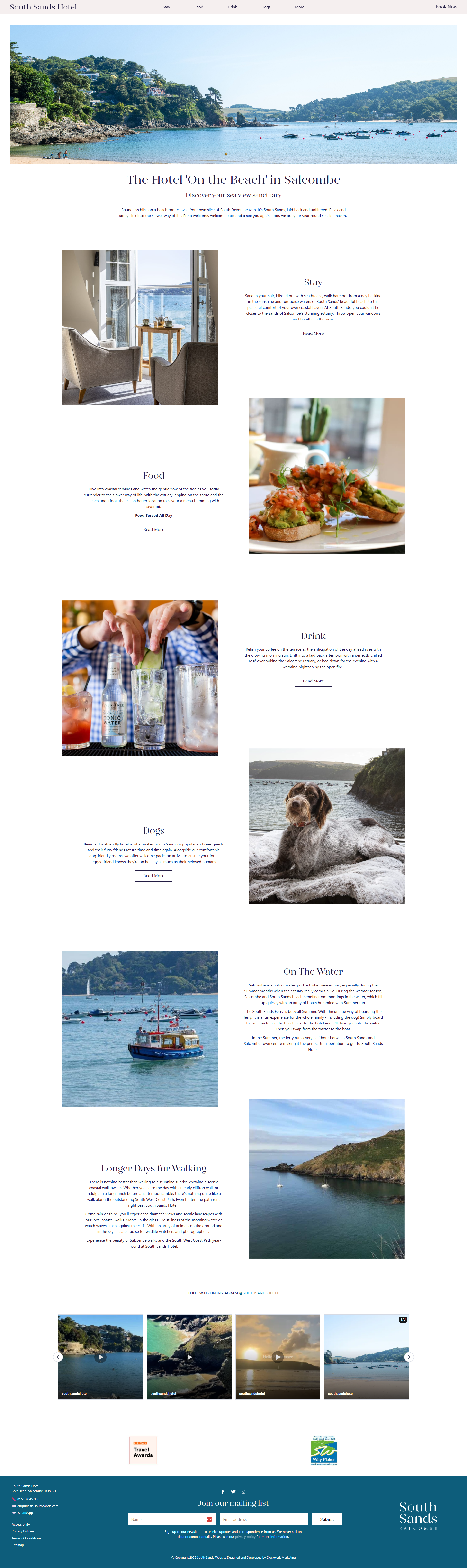 Screenshot of South Sands Hotel website homepage featuring coastal scenery and hotel offerings.