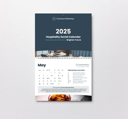 2025 Hospitality Social Calendar by Clockwork Marketing displayed on a white surface, showing the month of May with key dates and marketing tips.