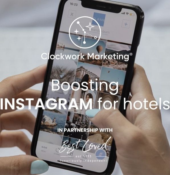 Person using smartphone to browse Instagram, with overlay text reading 'Clockwork Marketing Boosting Instagram for hotels in partnership with Best Loved.'