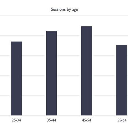 Bar chart showing sessions by age group, with 45-54 having the highest percentage and 18-24 the lowest.