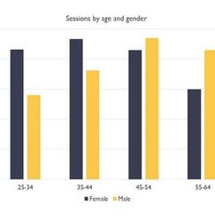 Bar chart showing sessions by age and gender, comparing female and male percentages across different age groups.